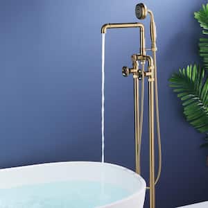 3-Handle Floor Mount Freestanding Tub Faucet with Hand Shower in Brushed Gold