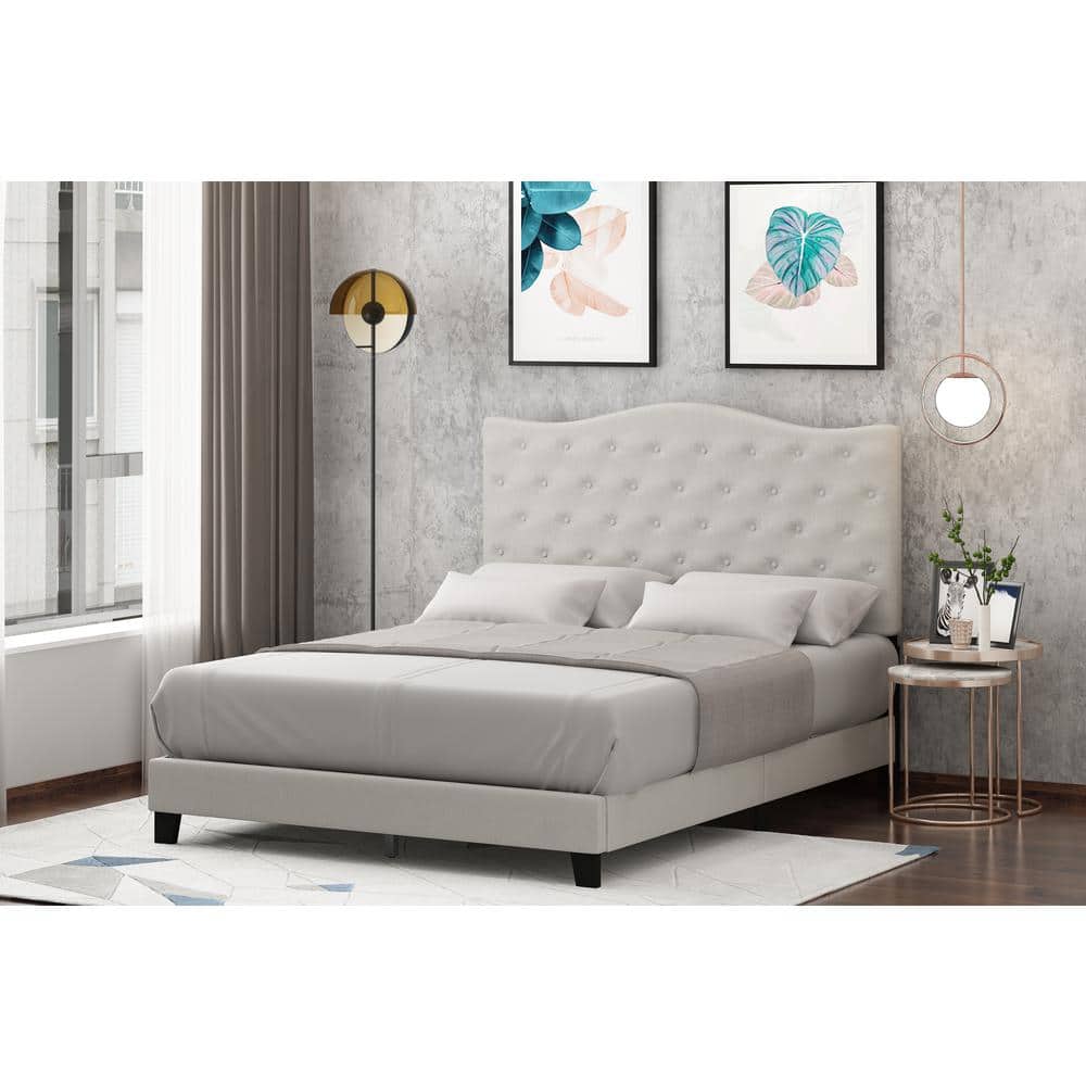 Elegant Linen Tufted Queen Platform Bed with Wooden Frame
