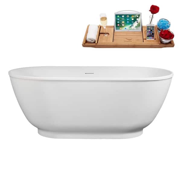Streamline 59 in. x 29 in. Acrylic Freestanding Soaking Bathtub in Matte White With Matte Oil Rubbed Bronze Drain, Bamboo Tray