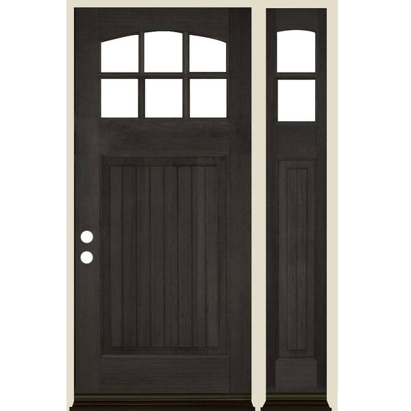 Krosswood Doors 50 in. x 80 in. Craftsman V-Groove Arch 6-Lite Clear Glass Black Stain Right Hand Hemlock Wood Prehung Front Door w/RSL