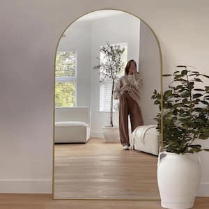 32 in. W x 71 in. H Classic Arched Wood Full Length Mirror Gold Wall Mounted Standing Mirror Floor Mirror