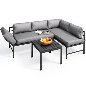 3-Piece Metal Outdoor Patio Conversation Set with Grey Cushions