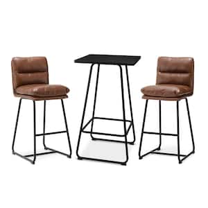 Pub Table Set - Modern Square Bar Table with Black Oak Veneer Top and Brown Thick Leatherette Bar Stools (Set of 3 )