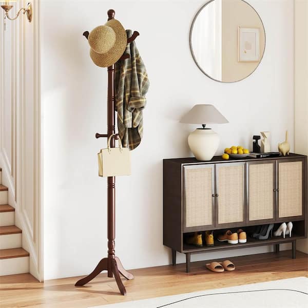 Reddish Brown Solid Rubber Wood Freestanding Coat Rack with 3 Adjustable Heights and 11 Hooks for Hallway