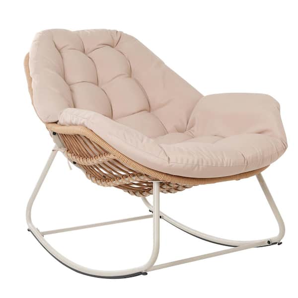 PATIOGUARDER Patio Wicker Egg Outdoor Rocking Chair with Beige Cushion