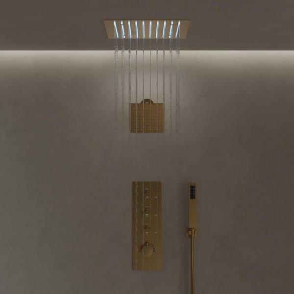 12 in. Mood Light Quadruple Handles 3-Spray Shower Faucet 2.5 GPM with LED, Anti Scald in Brushed Gold