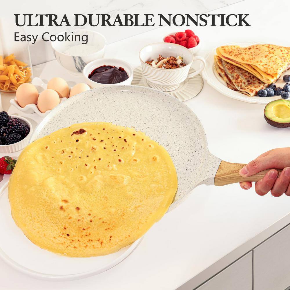 10-Inch White Ceramic Nonstick Crepe Pan with Wooden Handle and Spreader