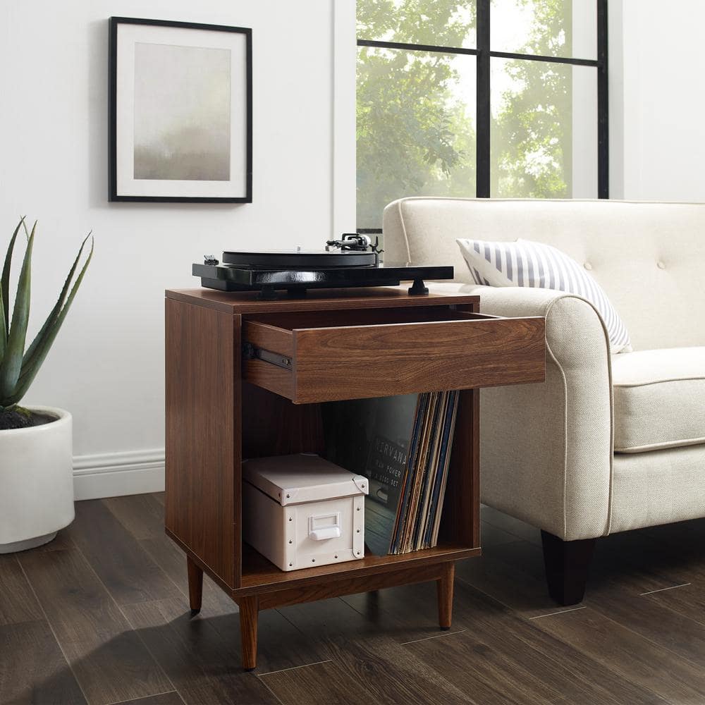 Liam Mid-Century Walnut Wood Side Table with Record Storage