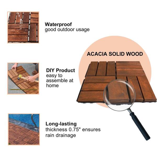 Amucolo 12 in. x 12 in. Checker Pattern Acacia Wood Interlocking Deck Tiles in Brown for Patio, Pool Side (Set of 20 Tiles)