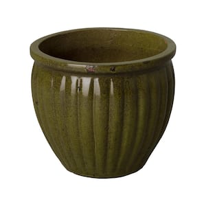 15 in. Tropical Green Round Ceramic Planter with Ridges