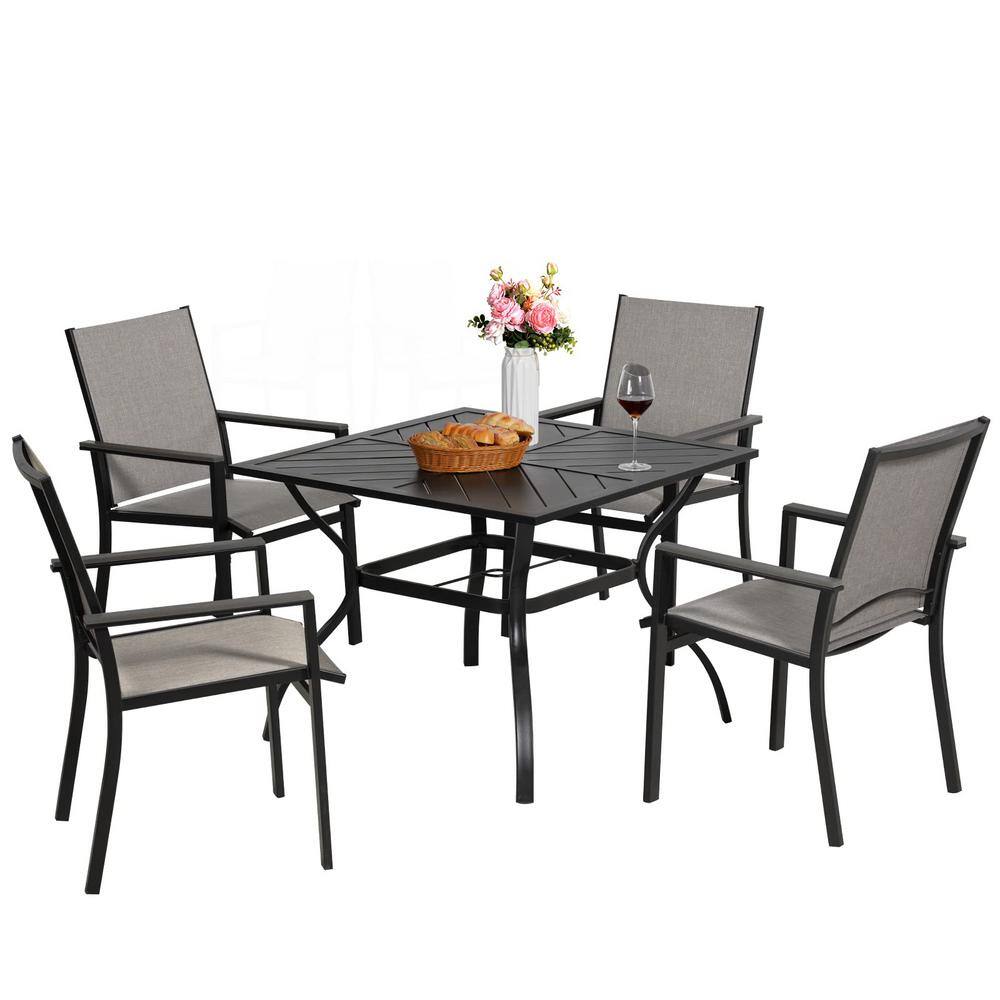 5-Piece Black Metal Outdoor Dining Set, 4-Gray Textilene Dining Chairs, Squ