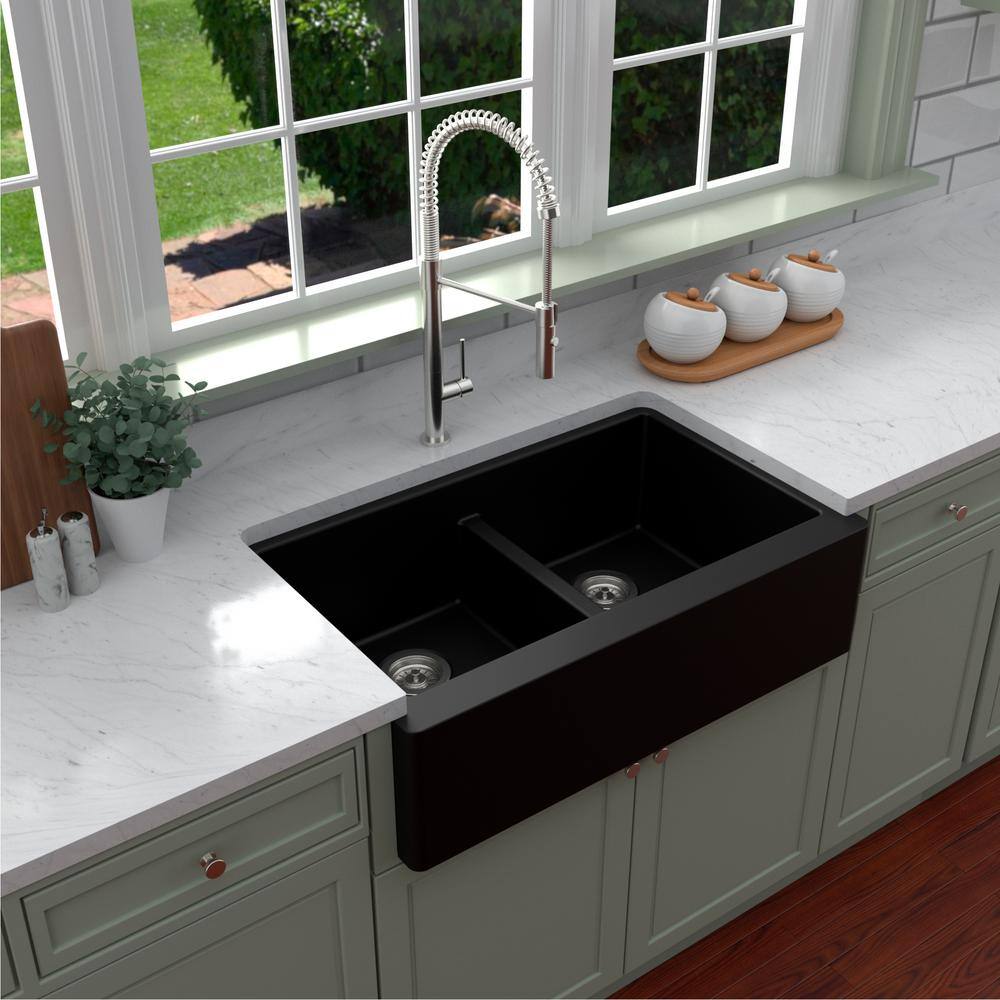 Brown Quartz Double Bowl Farmhouse Apron Front Kitchen Sink Kit