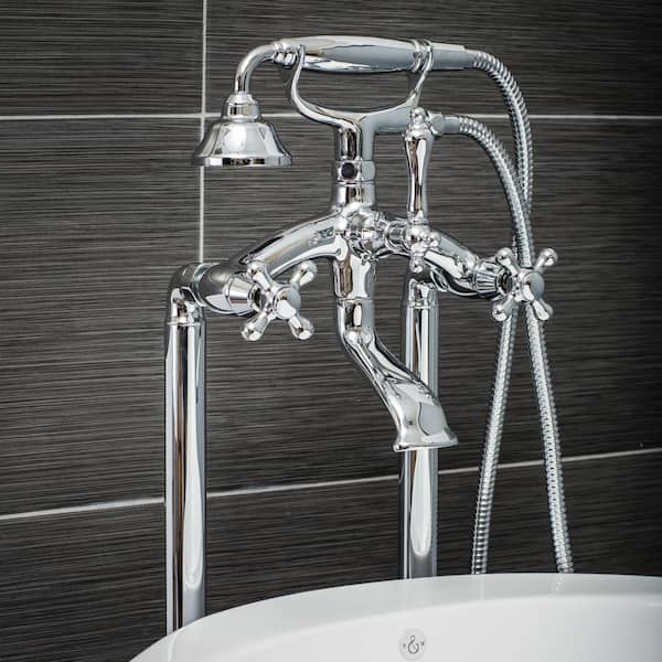 PELHAM & WHITE Vintage Style 3-Handle Floor Mount Claw Foot Tub Faucet with Cross Handles and Handshower in Chrome