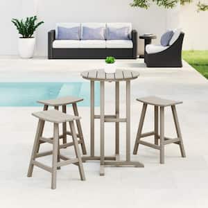 Laguna 4-Piece HDPE Weather Resistant Outdoor Patio Counter Height Bistro Set with Saddle Seat Barstools, Weathered Wood