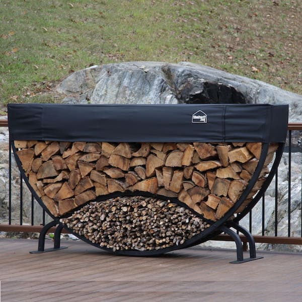 ShelterIT 8 ft. Firewood Log Rack with Kindling Wood Holder and Waterproof Cover - Rounded