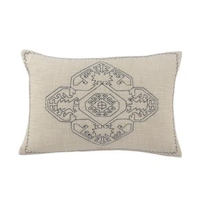 Embroidered Off-White / Navy Blue Damask Medallion Soft Poly-fill 16 in. x 24 in. Indoor Throw Pillow