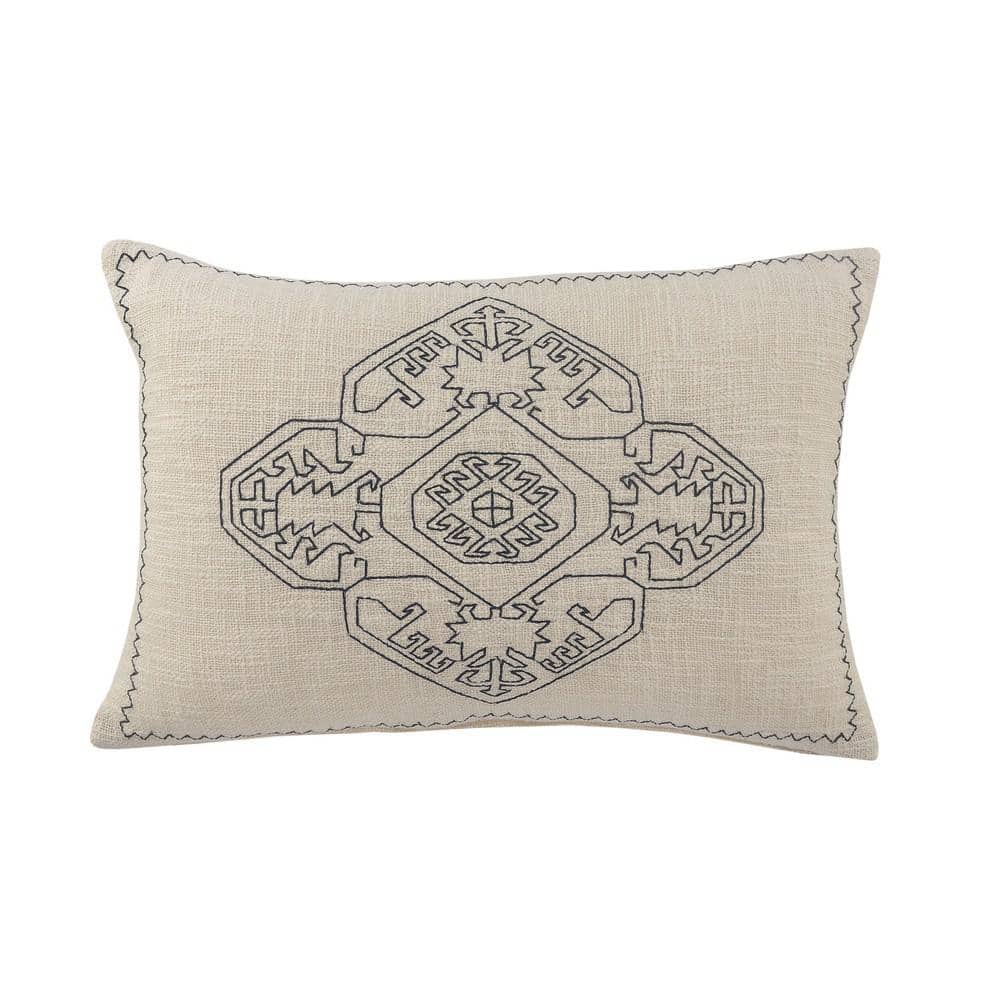 Embroidered Off-White / Navy Blue Damask Medallion Soft Poly-fill 16 in. x 