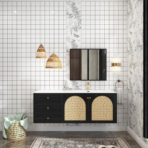 TCYO 60 in. W Single Sink Wall-Mounted Black Bath Vanity with White Stainless Steel Top Assembled