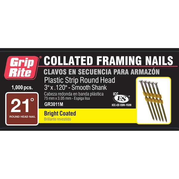 Grip-Rite 3 in. x 0.120 in 21° Brite Vinyl-Coated Plastic Collated Smooth Shank Round-Head Framing Nails (1000 per Box)