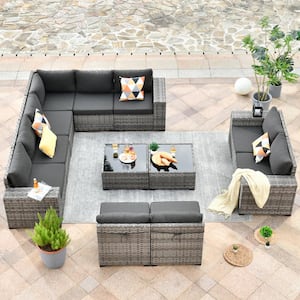 Tahoe Grey 12-Piece Wicker Wide Arm Outdoor Patio Conversation Sofa Seating Set with Black Cushions