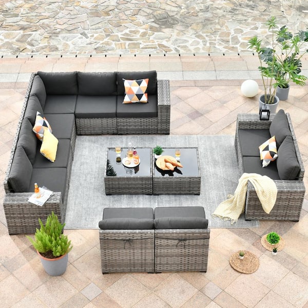 HOOOWOOO Tahoe Grey 12-Piece Wicker Wide Arm Outdoor Patio Conversation Sofa Seating Set with Black Cushions