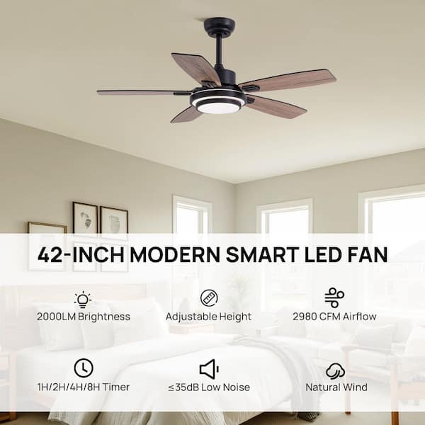42 in. Indoor Black Downrod Mount Ceiling Fan with Integrated LED with Remote Control Included
