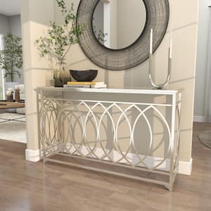 54 in. Silver Extra Large Rectangle Metal Geometric Console Table with Mirrored Glass Top