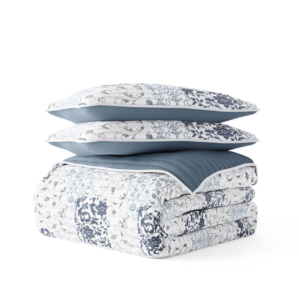 Dusk Blue Twin Reversible Microfiber Quilt Set with Shams