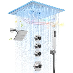 17-Spray Patterns Waterfall, Rainfall 16, 6 in. 2.5 GPM Ceiling Mount Fixed Shower Head with Handheld with LED, Music