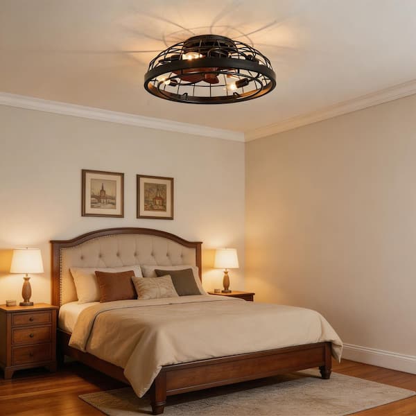 19.7 in. 4-Light Black Caged Flush Mount Ceiling Fan with Light, Industrial Low Profile Fandelier Fan with Remote