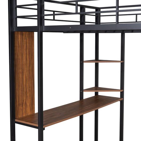 aisword - Black Full Size Metal Loft Bed with 2-Shelves and 1-Desk -