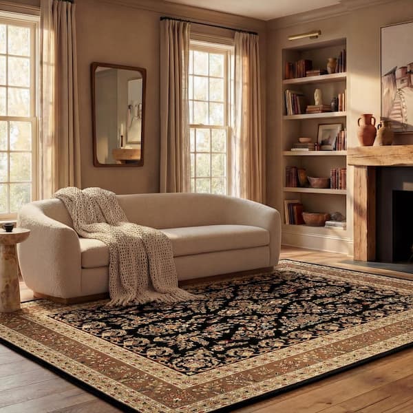 Lyndhurst 10 ft. x 14 ft. Black/Tan Border Antique Floral Area Rug