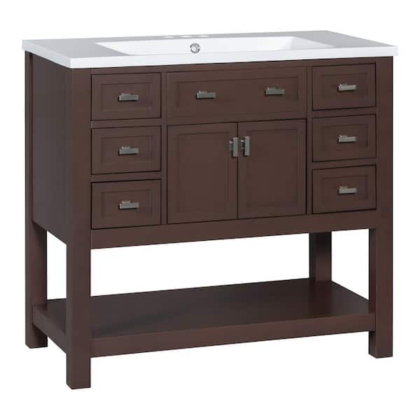 Virubi 36 in. W x 18 in. D x 34.1 in. H Single Sink Bath Vanity in Brown with White Resin Top, 6-Drawers and Open Shelf