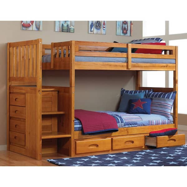 Tall twin over full futon mission store honey stairway bunk bed with drawers