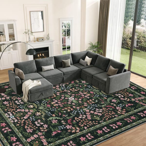 Dark Green 8 ft. x 10 ft. Machine Washable Floral Low-Pile Non-Slip Area Rug
