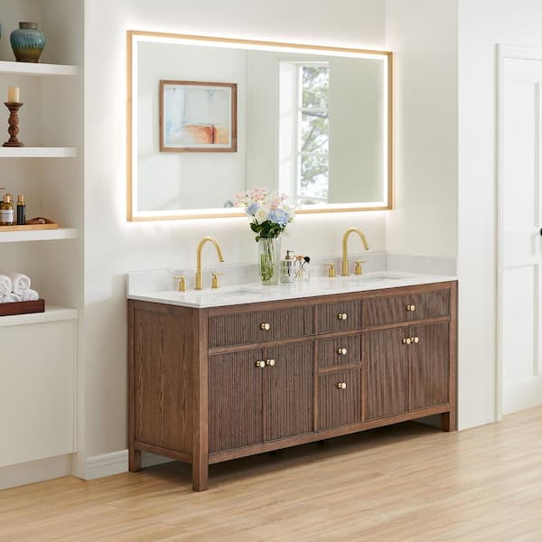 Cerrito 72 in. Double Sink Freestanding Brown Oak Bath Vanity with Grain White Engineered Stone Top Assembled and Mirror
