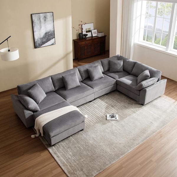 Morden Fort 150 in. Modular Cloud Couch Corduroy U-Shaped Sectional Sofa with Storage for Living Room Apartment Office Gray
