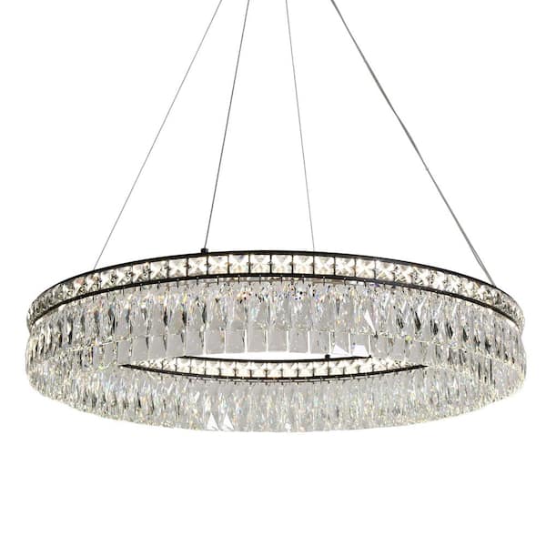 1-Light Integrated LED Flat Black Crystal Wagon Wheel Chandelier for Living Room