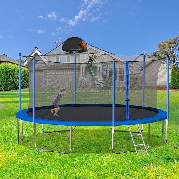 14 ft. Blue Round Trampoline with Safety Enclosure Net and Basketball Hoop
