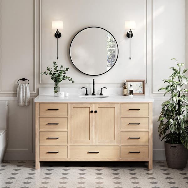ARIEL Cambridge 61 in. W x 22 in. D x 36 in. H Single Sink Bath Vanity in Oak with Pure White Quartz Top