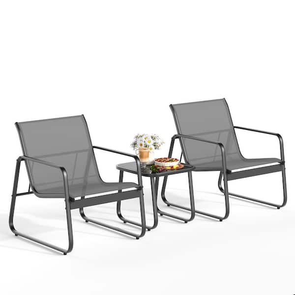 Unbranded Patio Chairs Set of 2, Patio Furniture Set with Metal Frame Glass Table, Gray