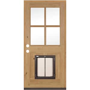 36 in. x 80 in. Right-Hand 4 Lite Clear Glass Unfinished Wood Prehung Door with Large Dog Door