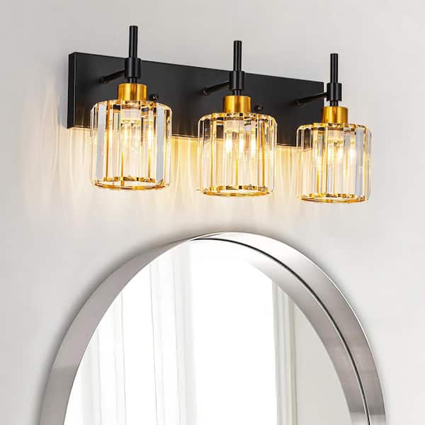Orillia 19.3 in. 3-Light Black and Gold Crystal Bathroom Vanity Light with Shades for Bathroom Powder Room Kitchen