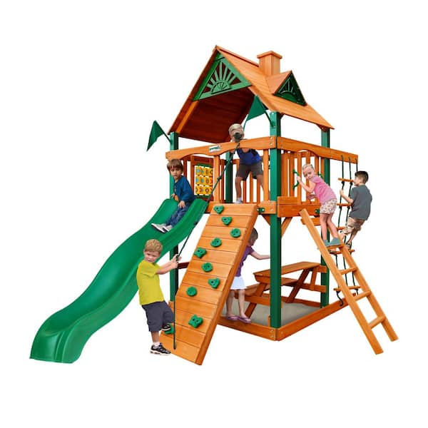 Gorilla Playsets Chateau Tower Wooden Playset with Timber ShieldPosts, Wooden Rood, and Accessories