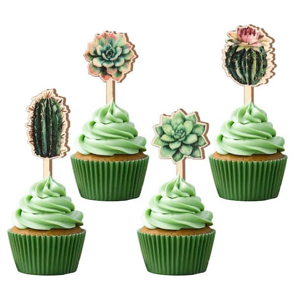 Afoxsos 16-Pieces Artificial Succulent Cupcake Toppers Green Indoor Decorative Plant Picks for Birthday Party Cake Decor