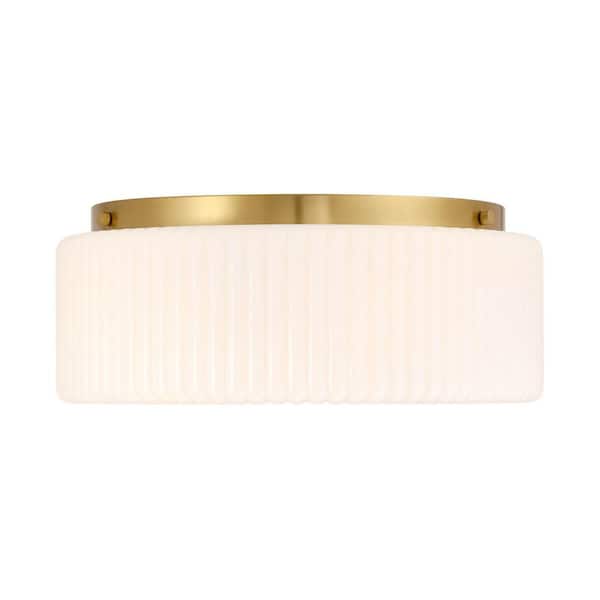 Edgemont 20 in. 4-Light Warm Brass Vintage Flush-Mount Ceiling Light with Ribbed Strie Glass Shade