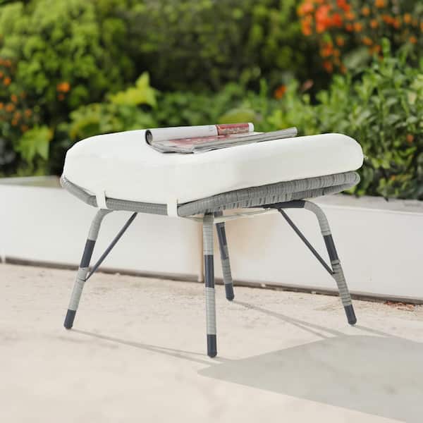 SANSTAR Gray Wicker All Weather Rattan Outdoor Ottoman with Removable Beige Cushions