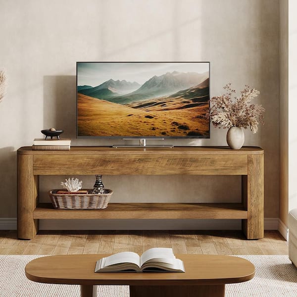BYBLIGHT Rustic Brown Wood TV Stand Fits TVs Up to 55 in