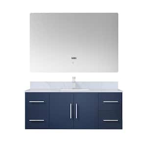Geneva 48 in. W x 22 in. D Navy Blue Bath Vanity, Carrara Marble Top, Faucet Set and 48 in. LED Mirror