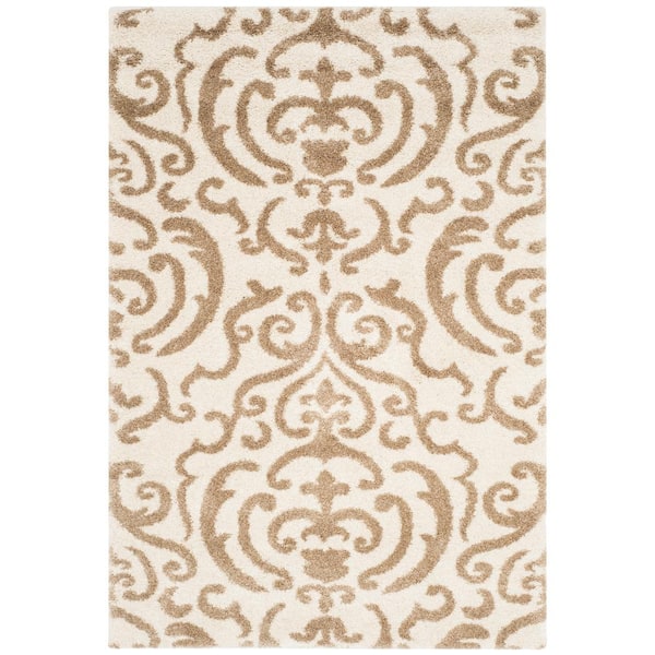 SAFAVIEH Florida Shag Cream/Beige 4 ft. x 6 ft. Floral Damask Area Rug